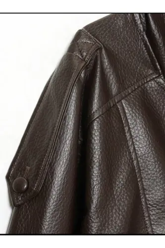 Viral Oversize Kadın Deri Ceket Yüksek Yaka Siyah Urban Style Kadın Deri Ceket - Acı Kahve&Dark Brown - 3