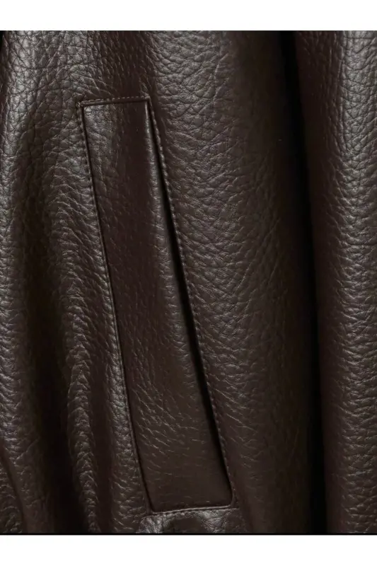 Viral Oversize Kadın Deri Ceket Yüksek Yaka Siyah Urban Style Kadın Deri Ceket - Acı Kahve&Dark Brown - 5