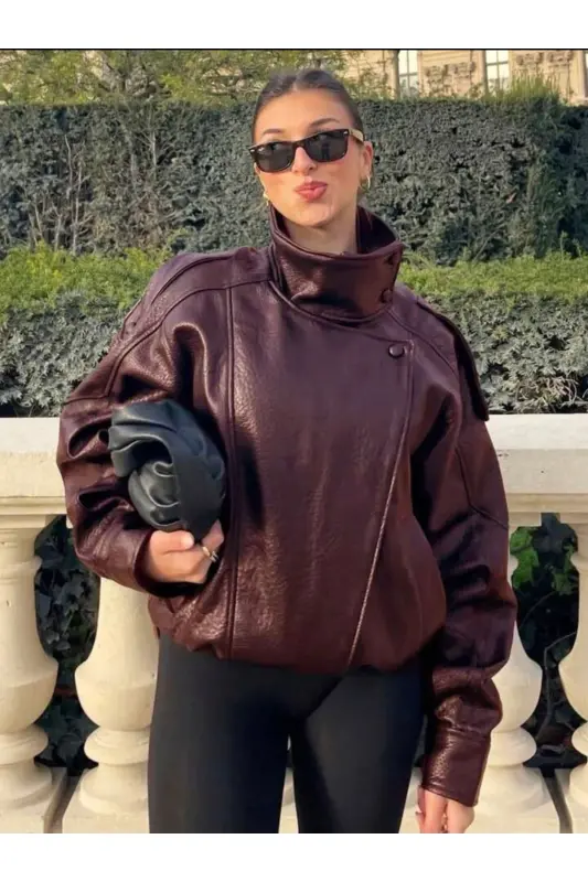 Viral Oversize Kadın Deri Ceket Yüksek Yaka Siyah Urban Style Kadın Deri Ceket-Bordo&Burgundy - 1