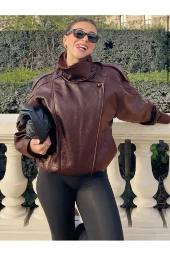 Viral Oversize Kadın Deri Ceket Yüksek Yaka Siyah Urban Style Kadın Deri Ceket-Bordo&Burgundy - 2