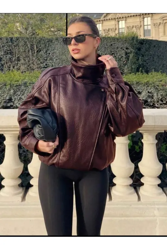 Viral Oversize Kadın Deri Ceket Yüksek Yaka Siyah Urban Style Kadın Deri Ceket-Bordo&Burgundy - 3