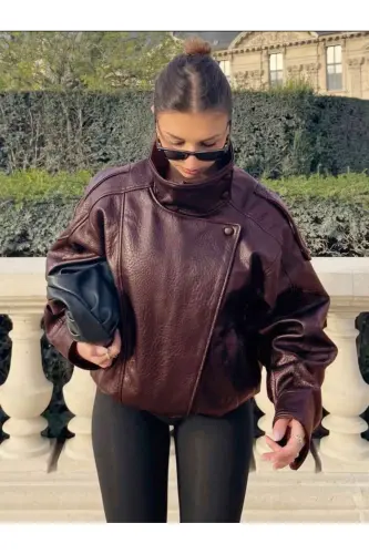 Viral Oversize Kadın Deri Ceket Yüksek Yaka Siyah Urban Style Kadın Deri Ceket-Bordo&Burgundy - 5