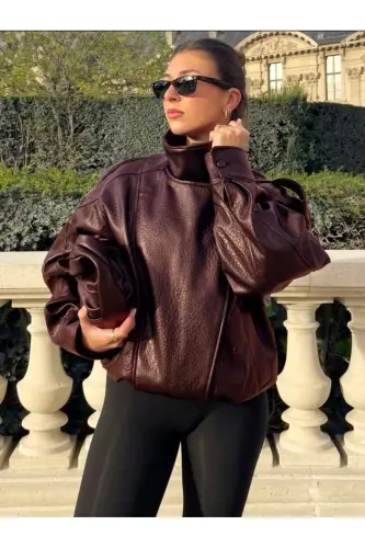 Viral Oversize Kadın Deri Ceket Yüksek Yaka Siyah Urban Style Kadın Deri Ceket - Bordo&Burgundy - 4