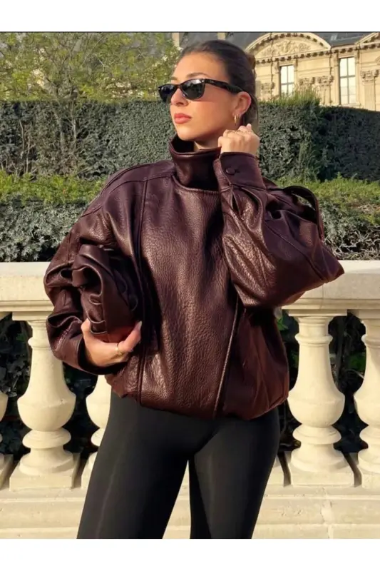 Viral Oversize Kadın Deri Ceket Yüksek Yaka Siyah Urban Style Kadın Deri Ceket - Bordo&Burgundy - 4