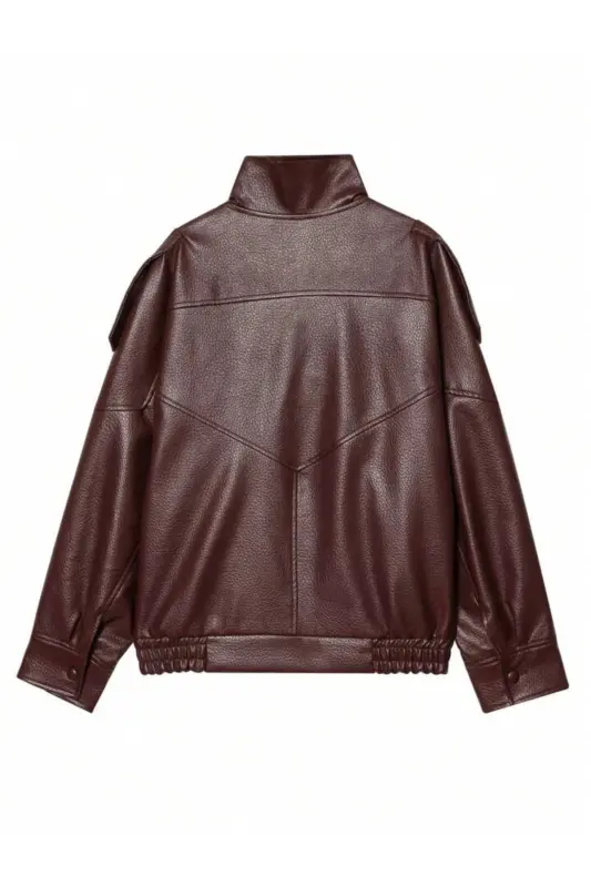 Viral Oversize Kadın Deri Ceket Yüksek Yaka Siyah Urban Style Kadın Deri Ceket - Bordo&Burgundy - 6