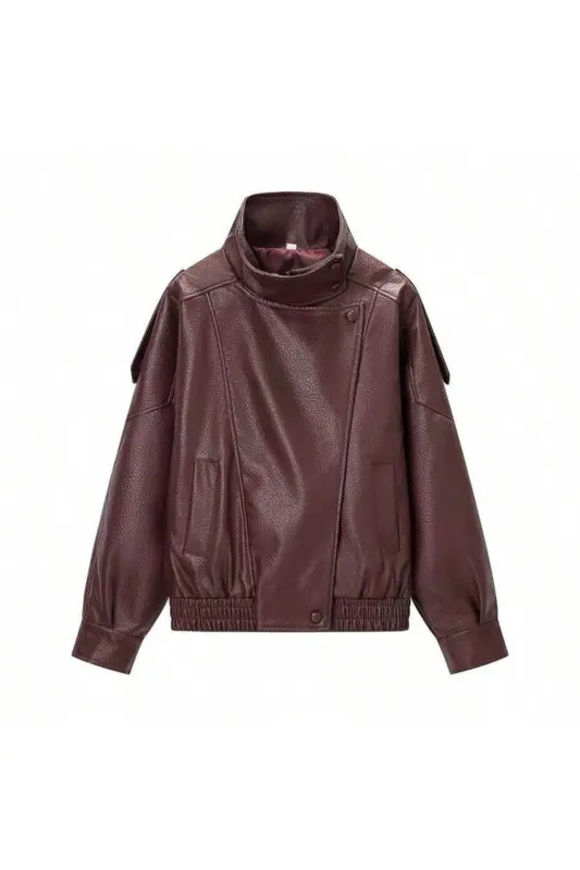 Viral Oversize Kadın Deri Ceket Yüksek Yaka Siyah Urban Style Kadın Deri Ceket-Bordo&Burgundyy - 2