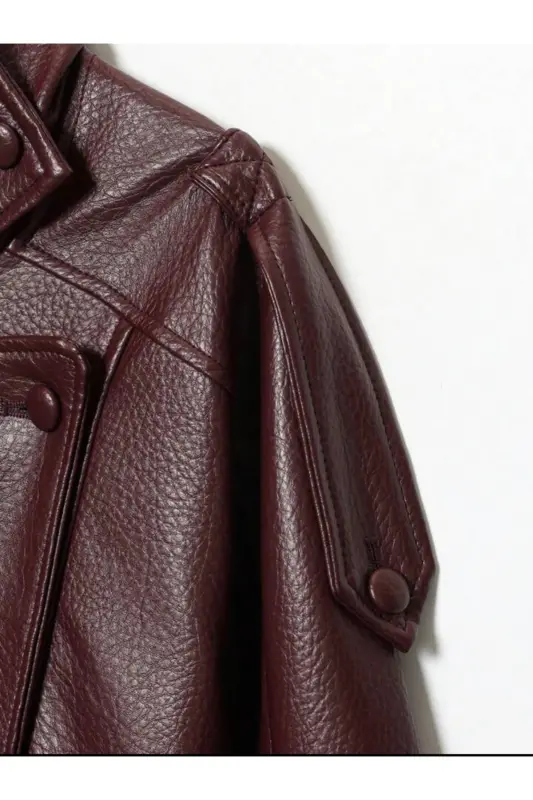 Viral Oversize Kadın Deri Ceket Yüksek Yaka Siyah Urban Style Kadın Deri Ceket-Bordo&Burgundyy - 5