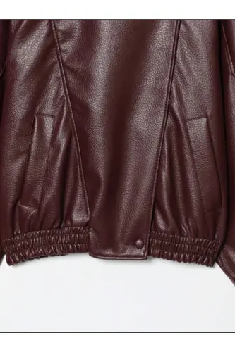 Viral Oversize Kadın Deri Ceket Yüksek Yaka Siyah Urban Style Kadın Deri Ceket-Bordo&Burgundyy - 7