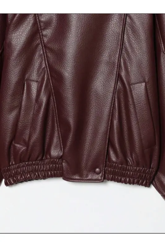 Viral Oversize Kadın Deri Ceket Yüksek Yaka Siyah Urban Style Kadın Deri Ceket-Bordo&Burgundyy - 7