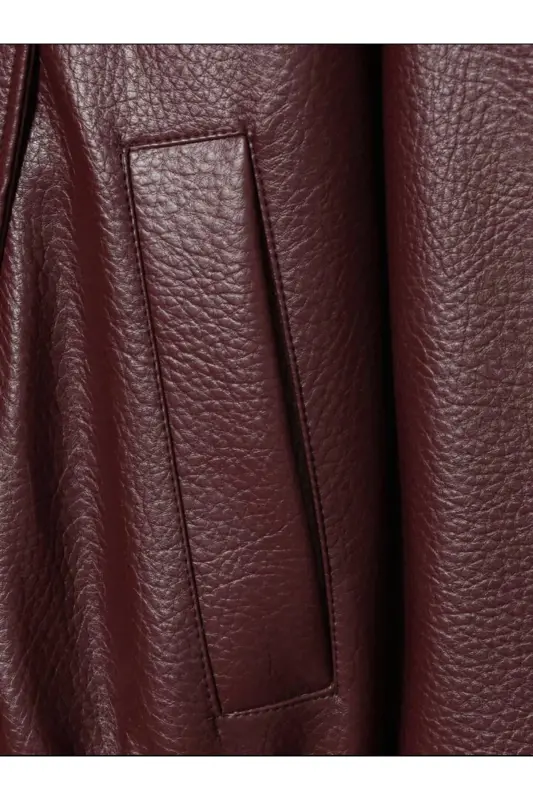 Viral Oversize Kadın Deri Ceket Yüksek Yaka Siyah Urban Style Kadın Deri Ceket-Bordo&Burgundyy - 8