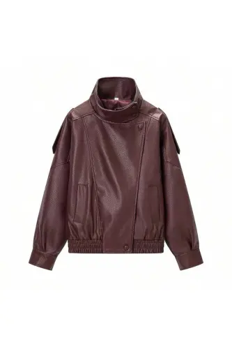 Viral Oversize Kadın Deri Ceket Yüksek Yaka Siyah Urban Style Kadın Deri Ceket-Bordo&Burgundyy - LALELI BUTIK (1)