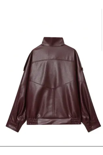 Viral Oversize Kadın Deri Ceket Yüksek Yaka Siyah Urban Style Kadın Deri Ceket - Bordo&Burgundyy - 3