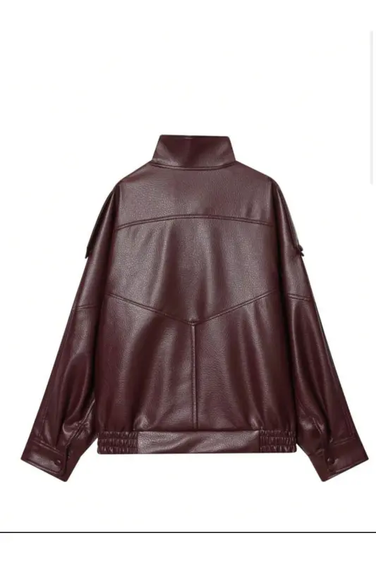 Viral Oversize Kadın Deri Ceket Yüksek Yaka Siyah Urban Style Kadın Deri Ceket - Bordo&Burgundyy - 3