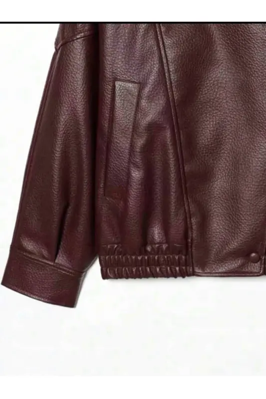 Viral Oversize Kadın Deri Ceket Yüksek Yaka Siyah Urban Style Kadın Deri Ceket - Bordo&Burgundyy - 6