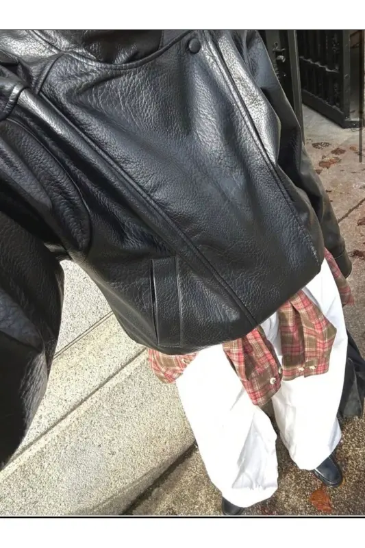 Viral Oversize Kadın Deri Ceket Yüksek Yaka Siyah Urban Style Kadın Deri Ceket-Siyah&Black - 5