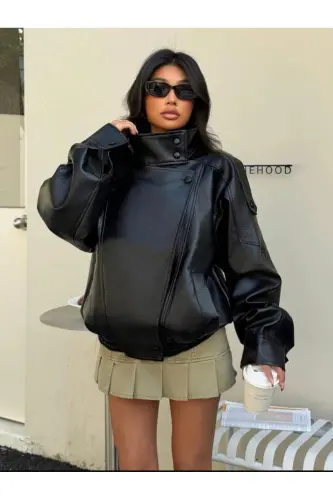 Viral Oversize Kadın Deri Ceket Yüksek Yaka Siyah Urban Style Kadın Deri Ceket-Siyah&Blackest - 1