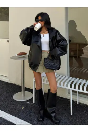 Viral Oversize Kadın Deri Ceket Yüksek Yaka Siyah Urban Style Kadın Deri Ceket-Siyah&Blackest - 6