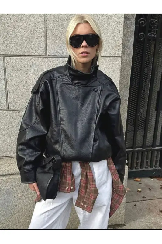 Viral Oversize Kadın Deri Ceket Yüksek Yaka Siyah Urban Style Kadın Deri Ceket - Siyah&Black - 1