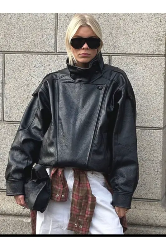 Viral Oversize Kadın Deri Ceket Yüksek Yaka Siyah Urban Style Kadın Deri Ceket - Siyah&Black - 2