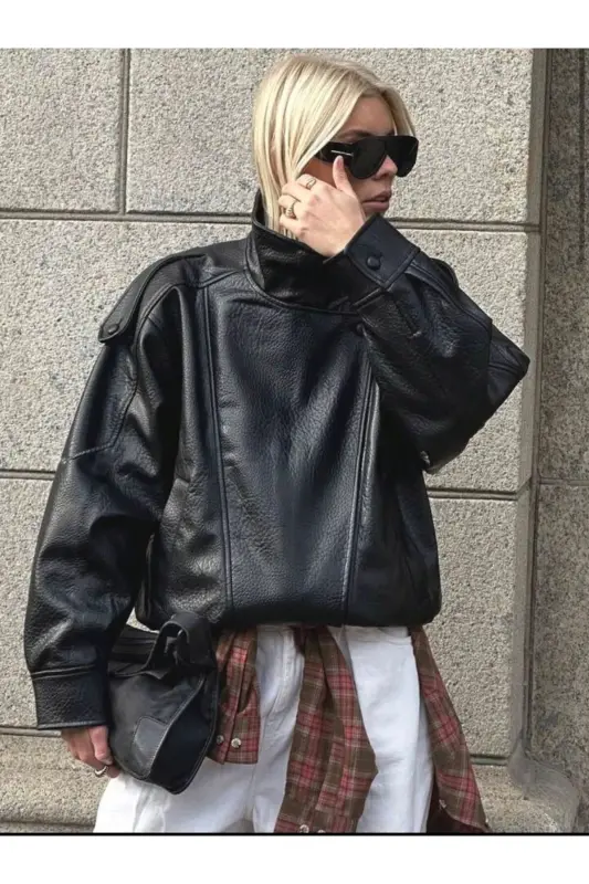 Viral Oversize Kadın Deri Ceket Yüksek Yaka Siyah Urban Style Kadın Deri Ceket - Siyah&Black - 3