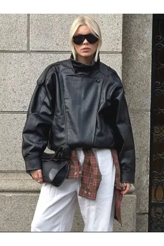 Viral Oversize Kadın Deri Ceket Yüksek Yaka Siyah Urban Style Kadın Deri Ceket - Siyah&Black - 6