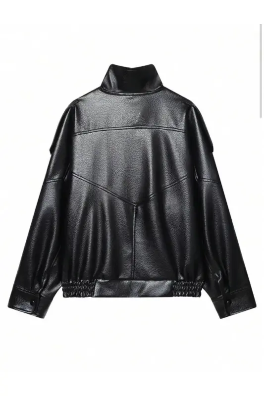 Viral Oversize Kadın Deri Ceket Yüksek Yaka Siyah Urban Style Kadın Deri Ceket - Siyah&Black - 7