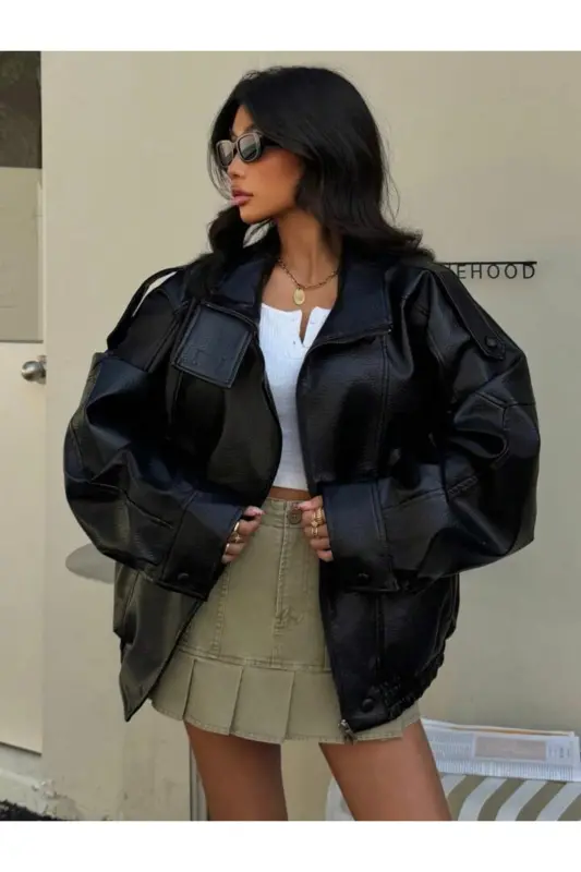 Viral Oversize Women's Leather Jacket High Collar Black Urban Style Women's Leather Jacket - Black&Blackest - 3