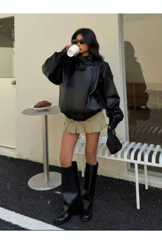 Viral Oversize Women's Leather Jacket High Collar Black Urban Style Women's Leather Jacket - Black&Blackest - 5