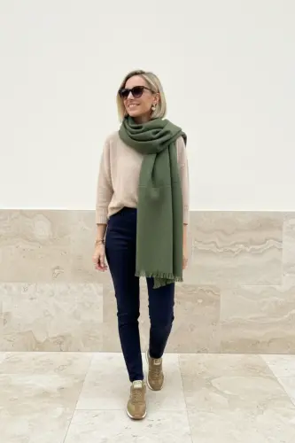 Viral Soft Touch Püskül Detaylı Yün Dokulu Kazayağı Desen Kışlık Şal / Uzun Atkı-British Racing Green 
