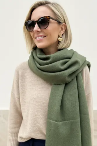 Viral Soft Touch Püskül Detaylı Yün Dokulu Kazayağı Desen Kışlık Şal / Uzun Atkı-British Racing Green - NOVON (1)