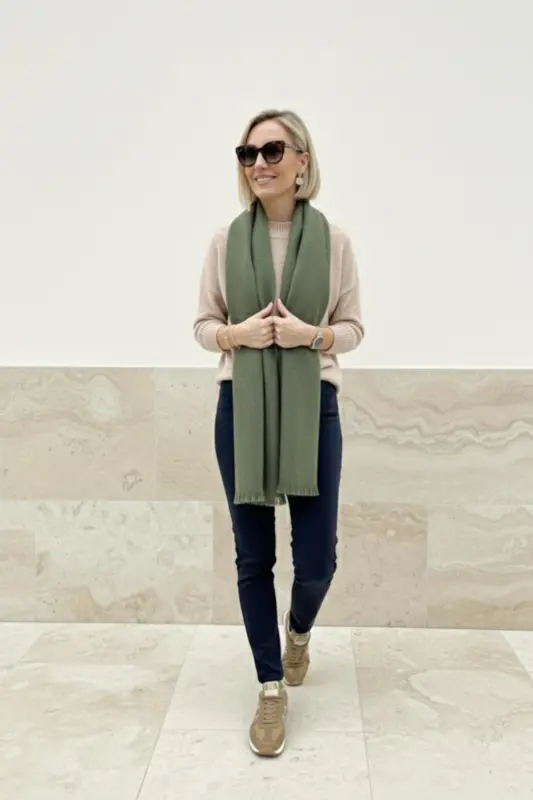 Viral Soft Touch Püskül Detaylı Yün Dokulu Kazayağı Desen Kışlık Şal / Uzun Atkı-Classy Green - 3