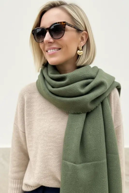 Viral Soft Touch Püskül Detaylı Yün Dokulu Kazayağı Desen Kışlık Şal / Uzun Atkı-Classy Green - 2