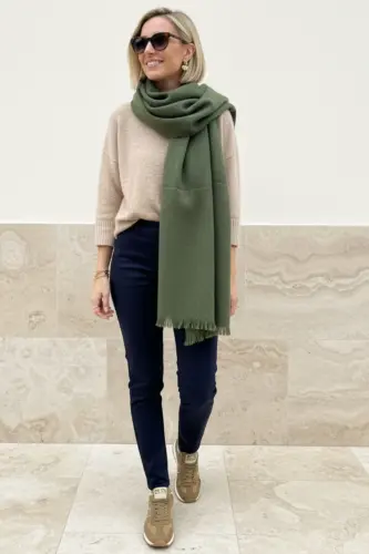 Viral Soft Touch Püskül Detaylı Yün Dokulu Kazayağı Desen Kışlık Şal / Uzun Atkı - Classy Green 