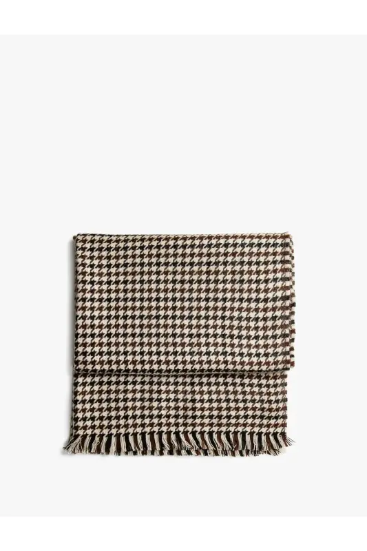 Viral Soft Touch Püskül Detaylı Yün Dokulu Kazayağı Desen Kışlık Şal / Uzun Atkı-Classy Houndstooth - 4