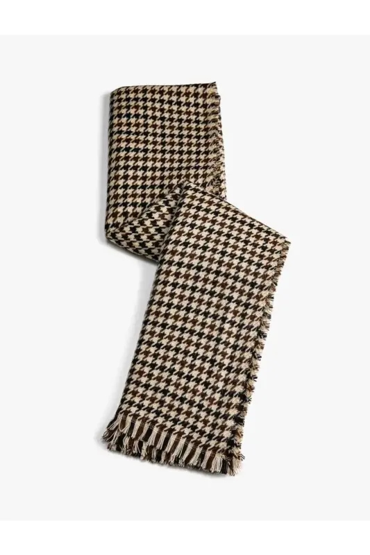 Viral Soft Touch Püskül Detaylı Yün Dokulu Kazayağı Desen Kışlık Şal / Uzun Atkı - Classy Houndstooth - 3