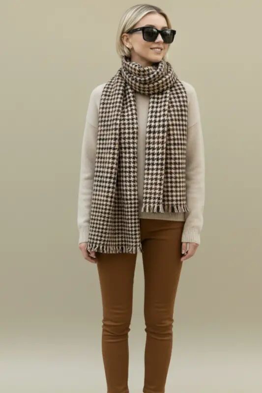 Viral Soft Touch Püskül Detaylı Yün Dokulu Kazayağı Desen Kışlık Şal / Uzun Atkı - Classy Houndstooth - novon