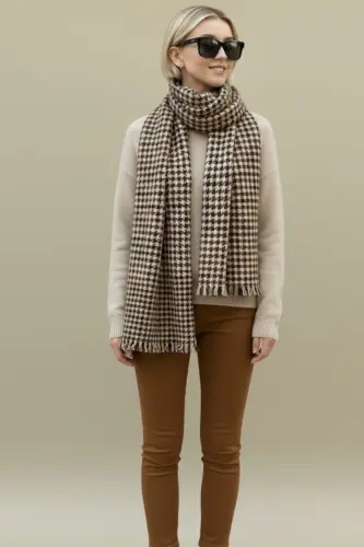 Viral Soft Touch Püskül Detaylı Yün Dokulu Kazayağı Desen Kışlık Şal / Uzun Atkı-Classy Houndstooth 