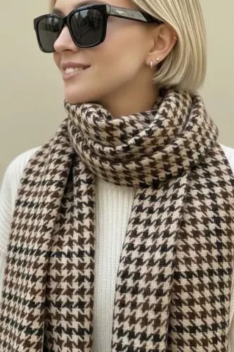 Viral Soft Touch Püskül Detaylı Yün Dokulu Kazayağı Desen Kışlık Şal / Uzun Atkı - Classy Houndstooth - novon (1)