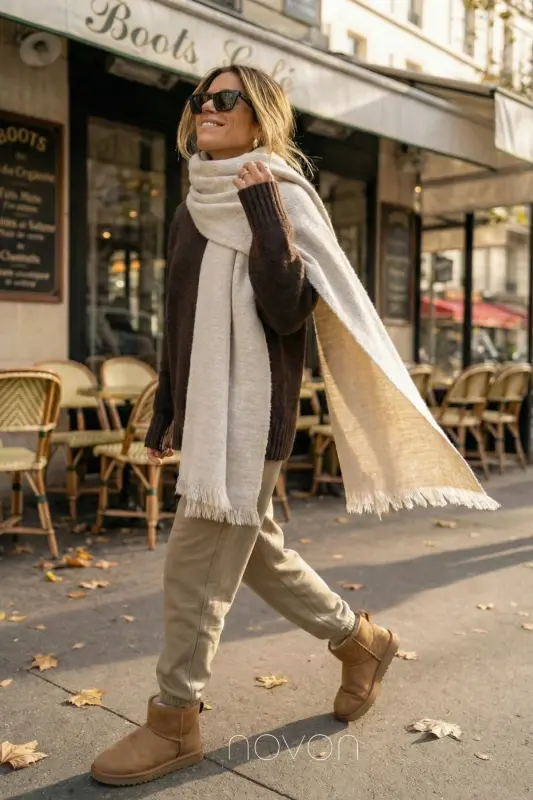 Viral Soft Touch Püskül Detaylı Yün Dokulu Kum Beji Kışlık Şal / Uzun Atkı-Kum Beji - NOVON