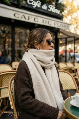 Viral Soft Touch Püskül Detaylı Yün Dokulu Kum Beji Kışlık Şal / Uzun Atkı-Kum Beji - NOVON (1)