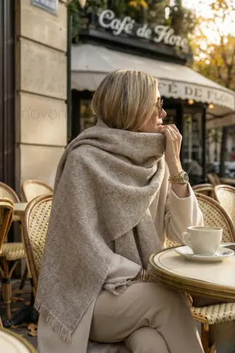 Viral Soft Touch Püskül Detaylı Yün Dokulu Kum Taşı Renk Kışlık Şal / Uzun Atkı-Kum Taşı - NOVON (1)