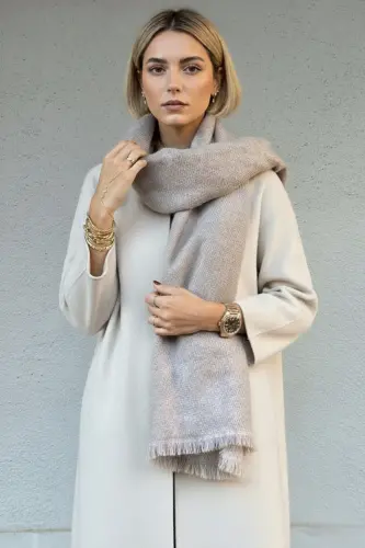 Viral Soft Touch Püskül Detaylı Yün Dokulu Kum Taşı Renk Kışlık Şal / Uzun Atkı-Kum Taşı - 4