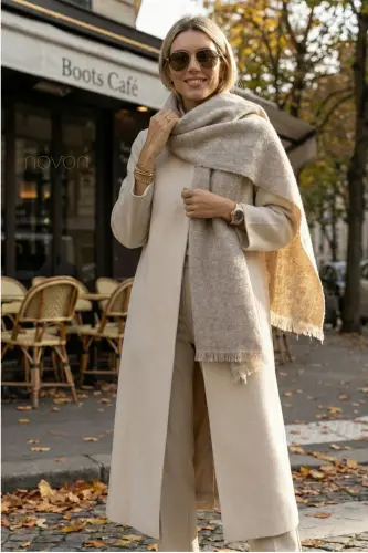 Viral Soft Touch Püskül Detaylı Yün Dokulu Kum Taşı Renk Kışlık Şal / Uzun Atkı-Kum Taşı - 3