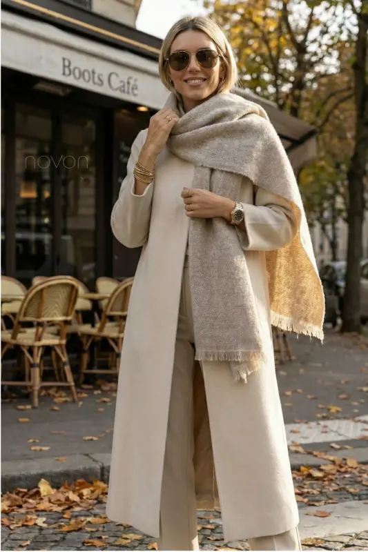 Viral Soft Touch Püskül Detaylı Yün Dokulu Kum Taşı Renk Kışlık Şal / Uzun Atkı-Kum Taşı - 3