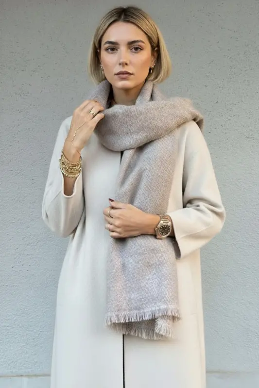 Viral Soft Touch Püskül Detaylı Yün Dokulu Kum Taşı Renk Kışlık Şal / Uzun Atkı-Kum Taşı - 4