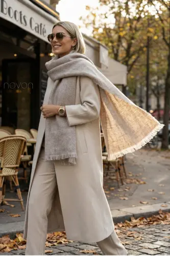 Viral Soft Touch Püskül Detaylı Yün Dokulu Kum Taşı Renk Kışlık Şal / Uzun Atkı-Kum Taşı 