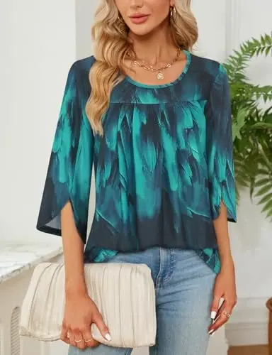 Viracy 3/4 Sleeve Tunic Tops to Wear with Leggings Crewneck Pleated Long Loose Fit Shirt Blouses - 2