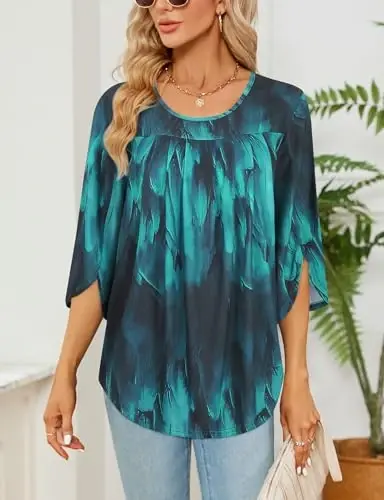Viracy 3/4 Sleeve Tunic Tops to Wear with Leggings Crewneck Pleated Long Loose Fit Shirt Blouses - 3
