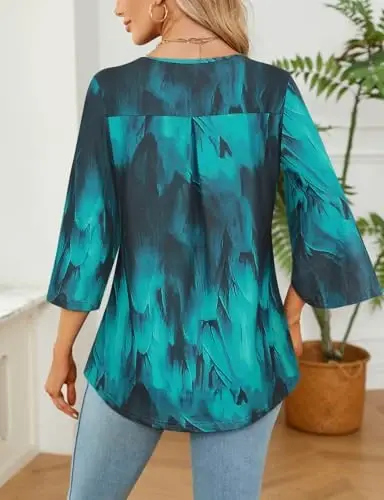 Viracy 3/4 Sleeve Tunic Tops to Wear with Leggings Crewneck Pleated Long Loose Fit Shirt Blouses - 4