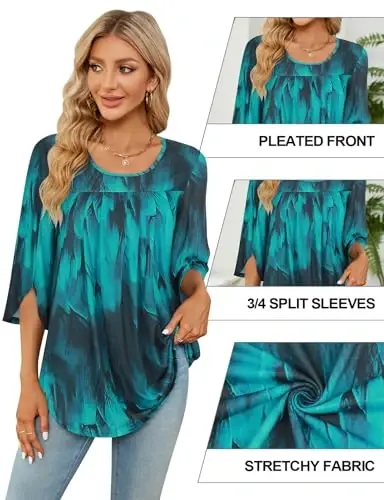 Viracy 3/4 Sleeve Tunic Tops to Wear with Leggings Crewneck Pleated Long Loose Fit Shirt Blouses - 5